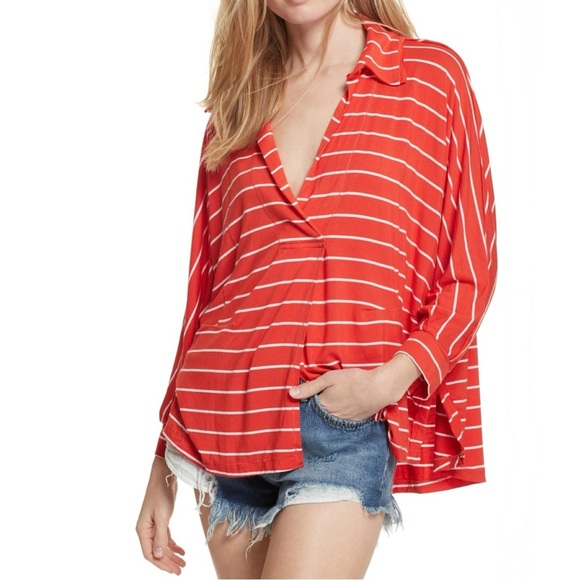 Free People Orange Stripe Dolman Sleeve Surplice V Neck Knit Relaxed Tunic Top L - Picture 1 of 12